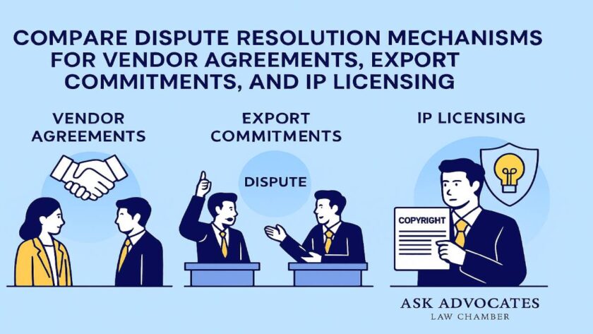 Compare dispute resolution mechanisms for vendor agreements, export commitments, and IP licensing