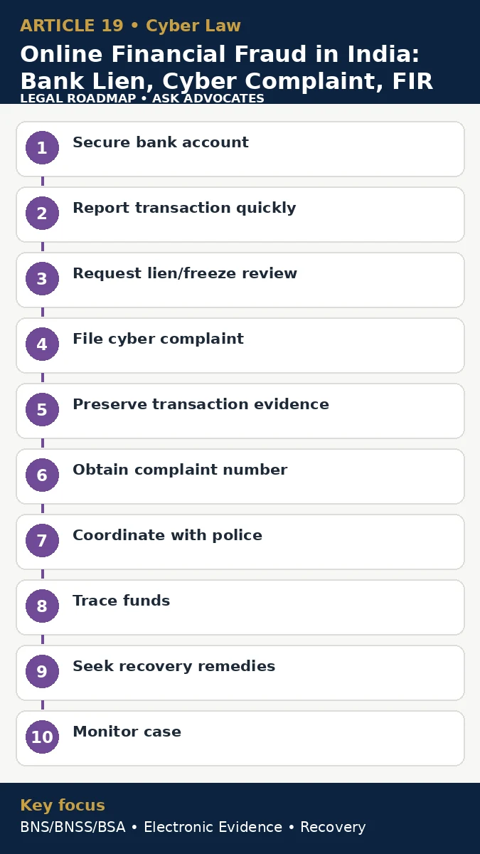 Infographic explaining online financial fraud response steps, bank lien, cyber complaint and recovery