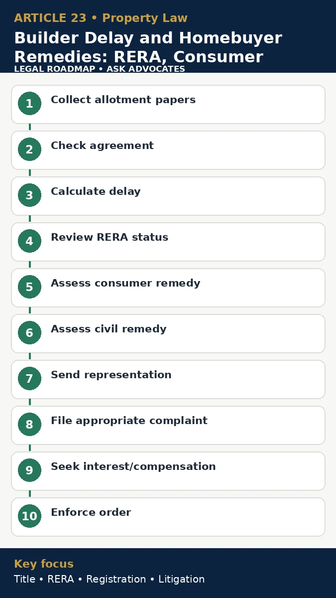 Infographic explaining builder delay and homebuyer remedies under RERA, consumer law and civil law